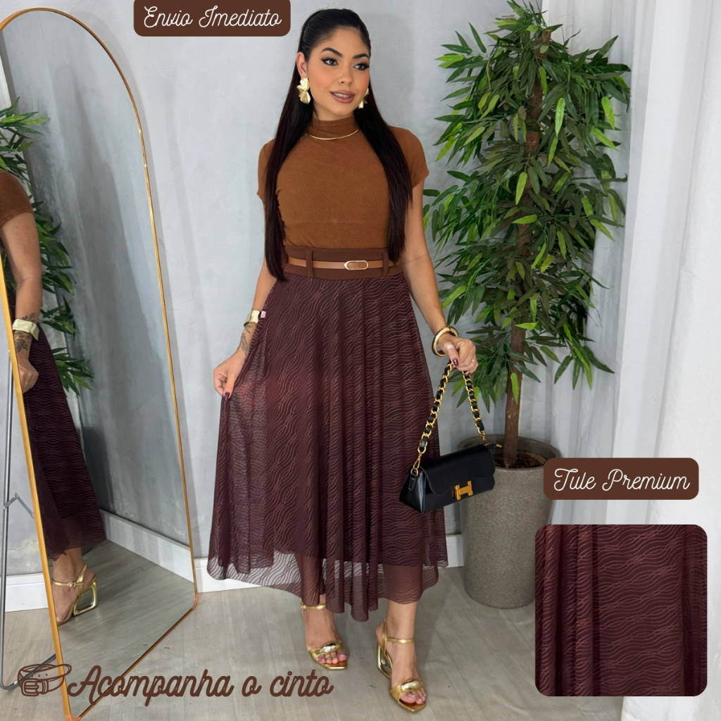 Saia Tule Lisa Longa Elegante Moda Evangélica Com Forro Acompanha o Cinto Premium
