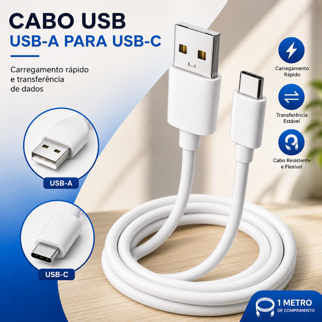 Cabo Carregador Rápido 2.4A USB Tipo C 1m Reforçado Alta Durabilidade