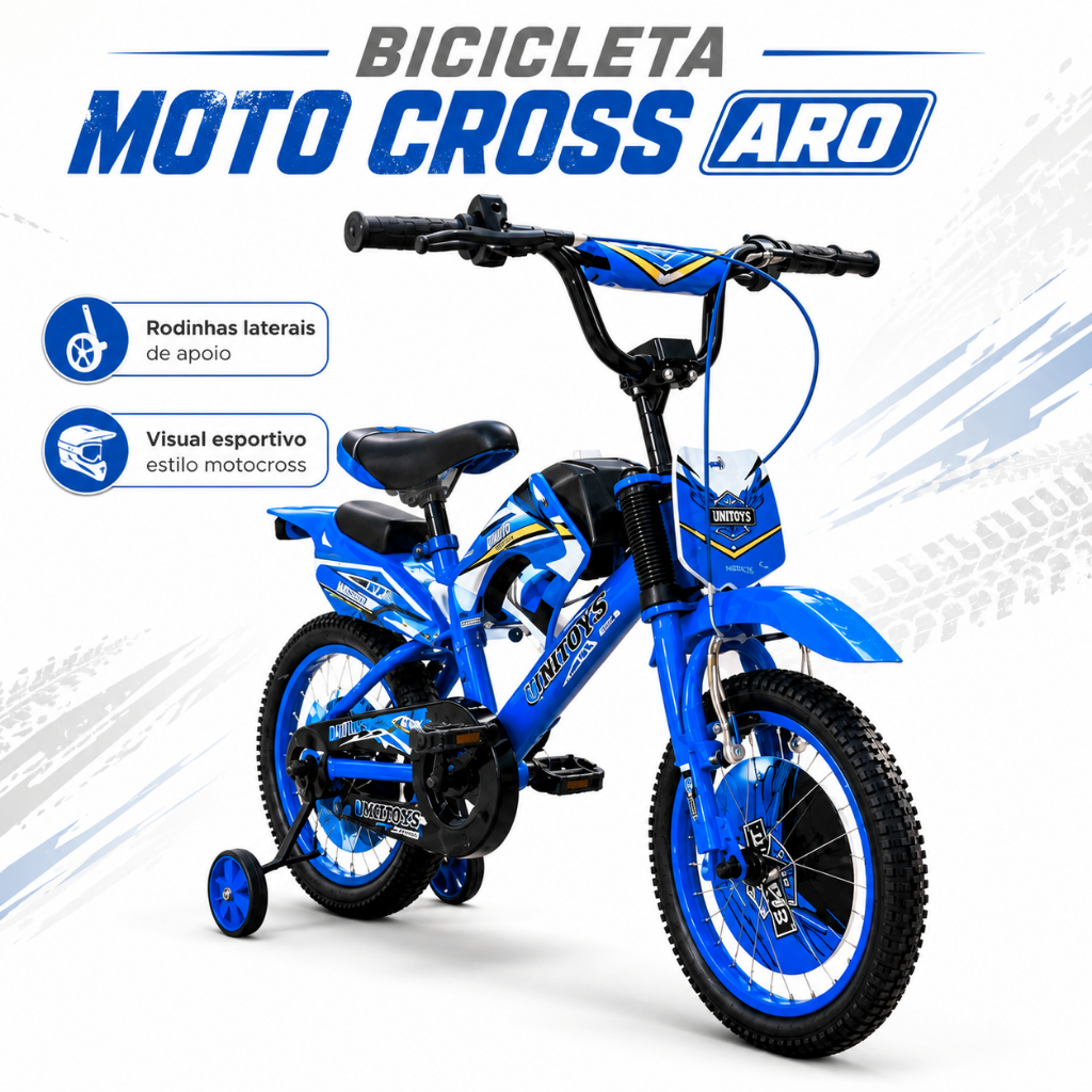 Bicicleta Cross Unitoys Moto Cross Aro 16 com Freios V-Brakes e Rodinhas Laterais de Apoio