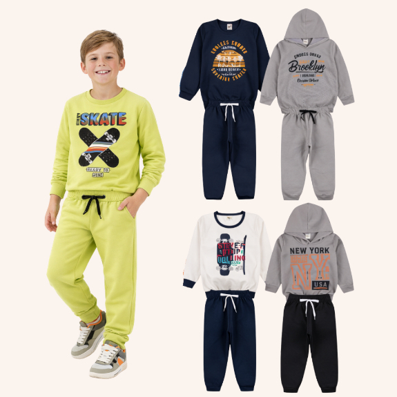 Kit Sortido 4 ou 6 Peças Roupa Infantil Menino Moletom Inverno Casaco Calça Conjunto Quentinho