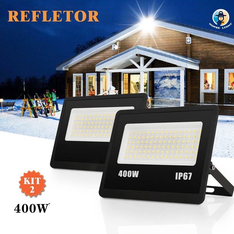 Kit 2 Refletor Super LED 400W Luz Frio 6500K Preto IP67