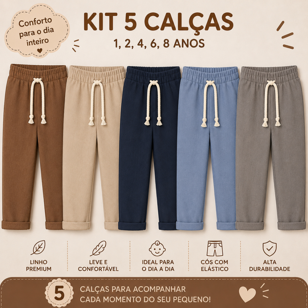 kit 5 calças de linho infantil menino