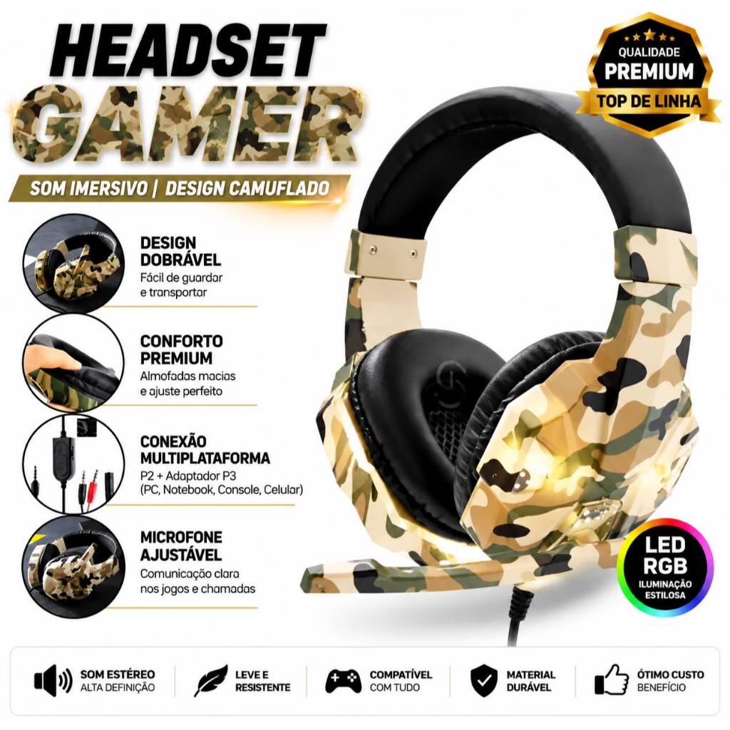 Headset Fone Gamer Led Com Microfone Para PC Computador Headphone Videogame P2 e USB