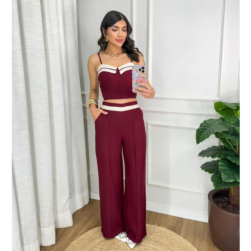 Conjunto Feminino Cropped + Calça Pantalona Cintura Alta Tecido Sensorial Marrant - Elegante e sofisticado