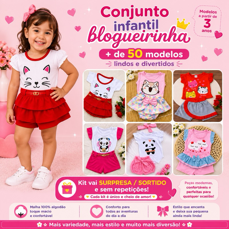 kit 6 Peças de Roupa Infantil Femininas estilosas RN a 6 anos - Kit com 3 Conjunto menina supresa/sortido