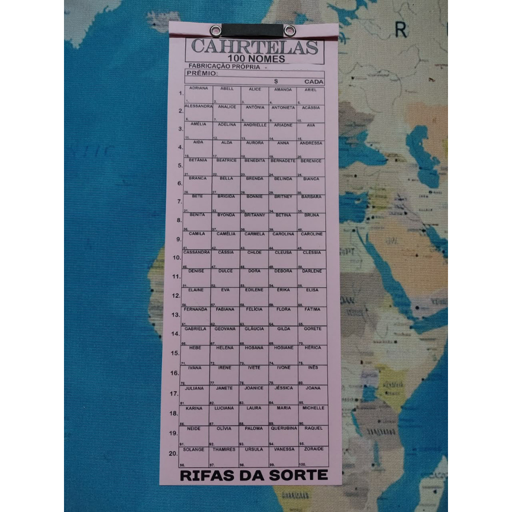 CARTELA DE RIFA 100 NOMES, FRENTE ÚNICA, PCT COM 10 UNIDADES — imagem 2 de 2
