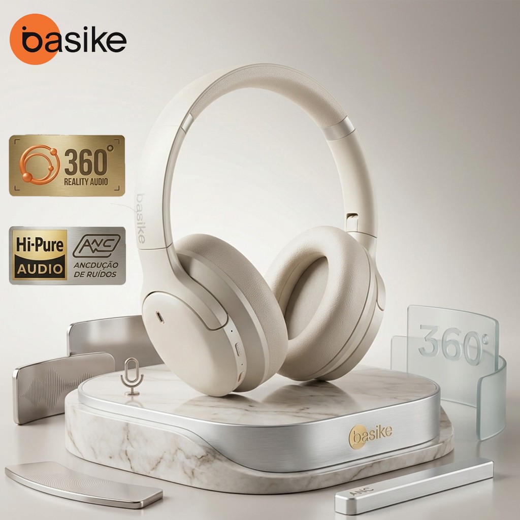 Basike Headphone Bluetooth 5.4 Cancelamento -35dBB de Ruído ANC Bateria 50h Áudio 360° Fone de Ouvido Dobrável Ba-FON193