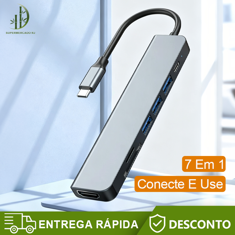 Adaptador Hub Tipo C 7 Em 1 HDMI Micro Sd Tf M1 4k Usb 3.0 Para computador todo tipo,Compacto e portátil