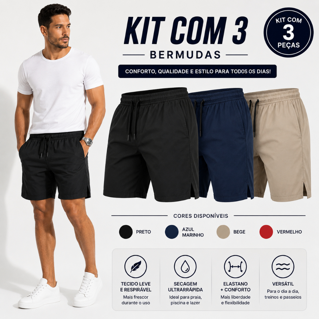 Kit 3 Bermudas Masculina Tactel Elastano Com Bolso Treino Academia Leve Confortável Secagem Rápida