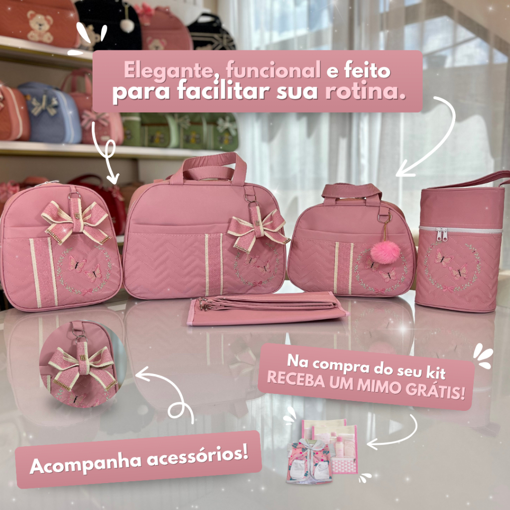 Kit Bolsa Maternidade com Borboletas para Bebê Menina