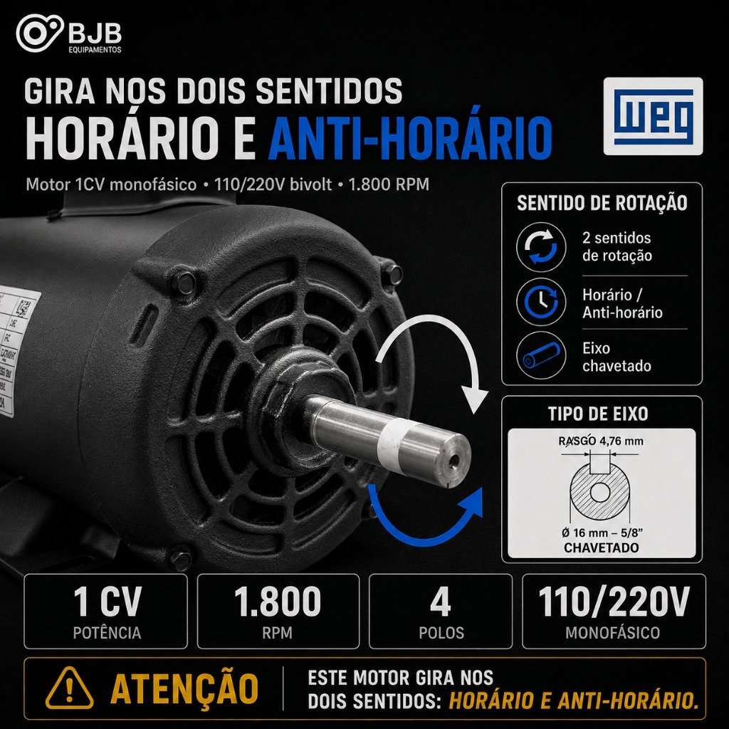 Motor Monofasico Weg 1CV Bivolt com Polia para Betoneiras 150L 200L 250L Gira nos Dois Sentidos — imagem 2 de 2