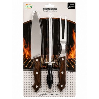 Kit Churrasco 3 Peças Faca Garfo Chaira Aço Inox Cabo Madeira Resistente Profissional,kit churrasco.
