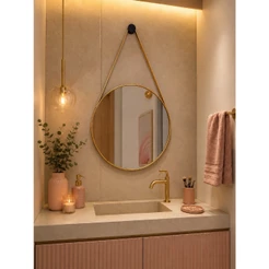 Espelho Adnet 30cm com Alça de Couro e Suporte para Banheiro Quarto Sala