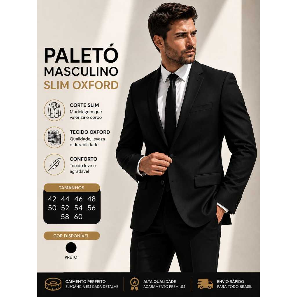 Paletó Masculino Slim Oxford Corte Italiano | Trabalho | Casamento | Formatura | Culto | Preto