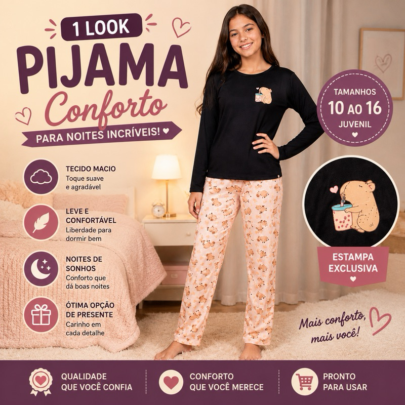 Pijama Longo Infantil Juvenil Feminino Manga Longa com Calça Estampado Confortável Sortido