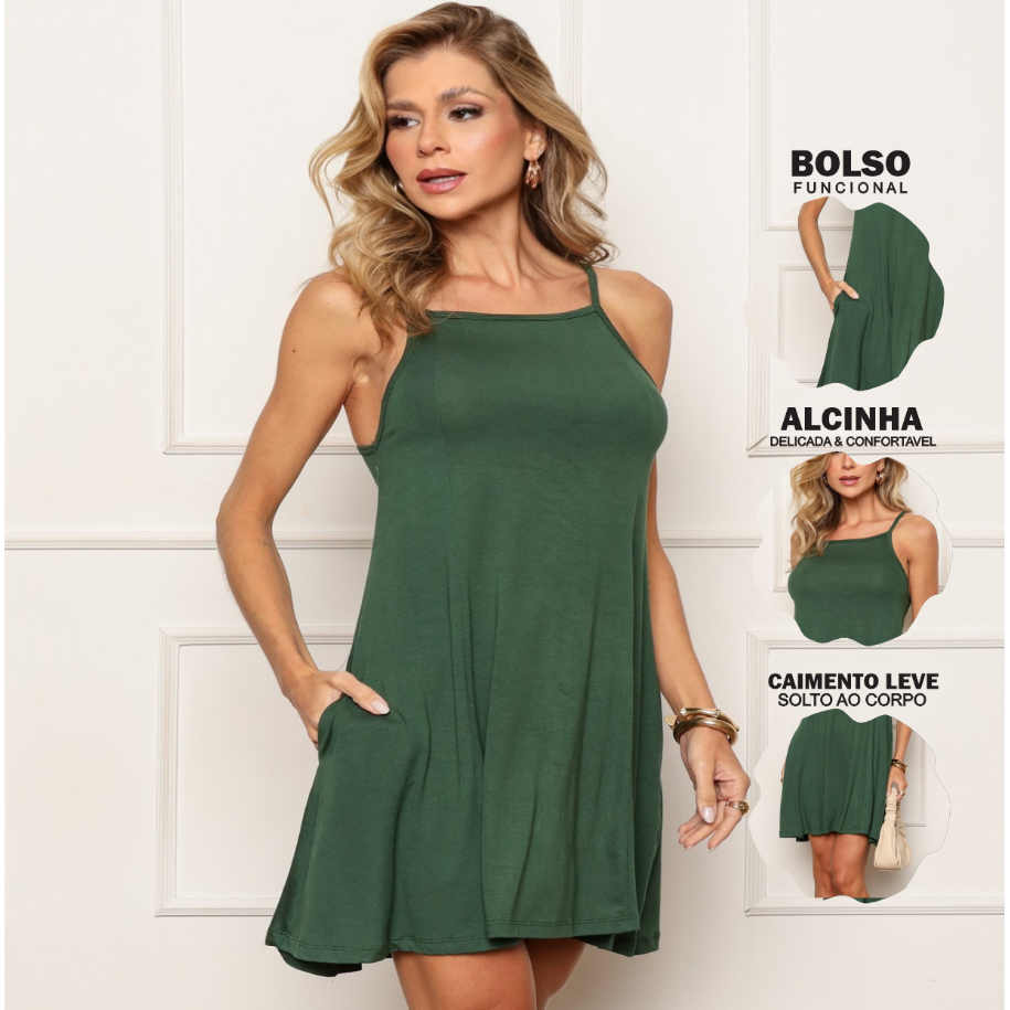 Vestido De Alcinha Soltinho Casual Verão Com Bolso Vestidinho Curto Com Elastano Fresquinho Plus Size