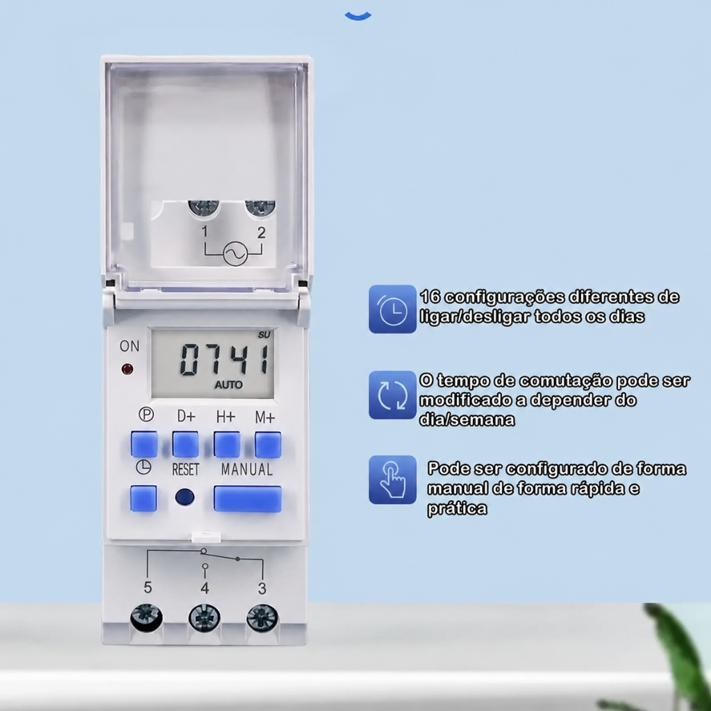 Timer Programável 16A DIN Rail - 220V/110V AC Controle Automático para Iluminação, Motores e Eletrodomésticos