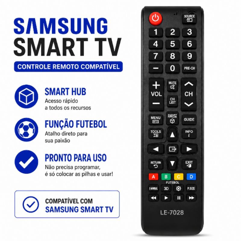 Controle Remoto Samsung Smart TV Compatível LE-7028 Smart Hub Função Futebol Pronto para Uso