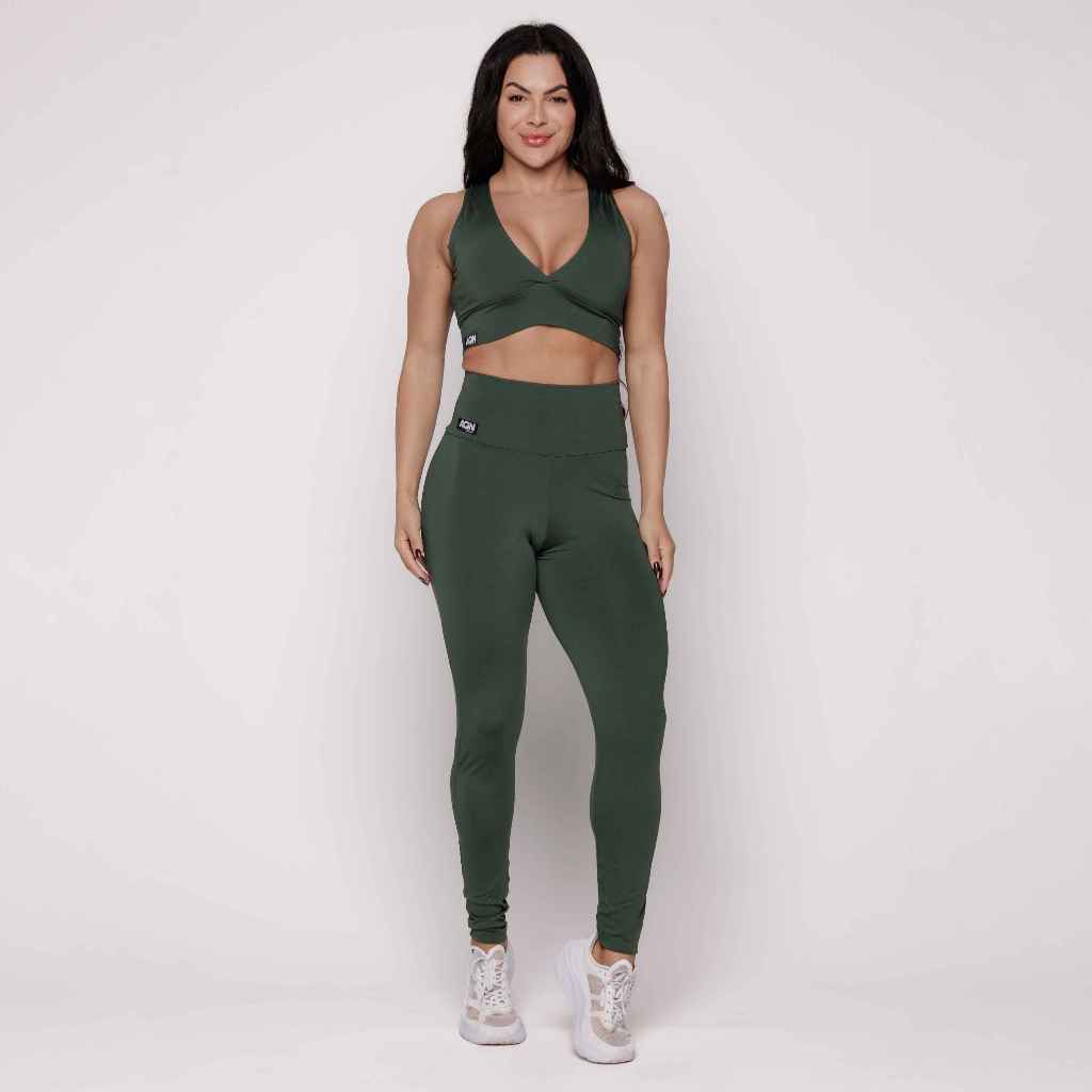 Conjunto Fitness Basico Verde Musgo Academia Treino Feminino Bojo Forro Duplo AQ