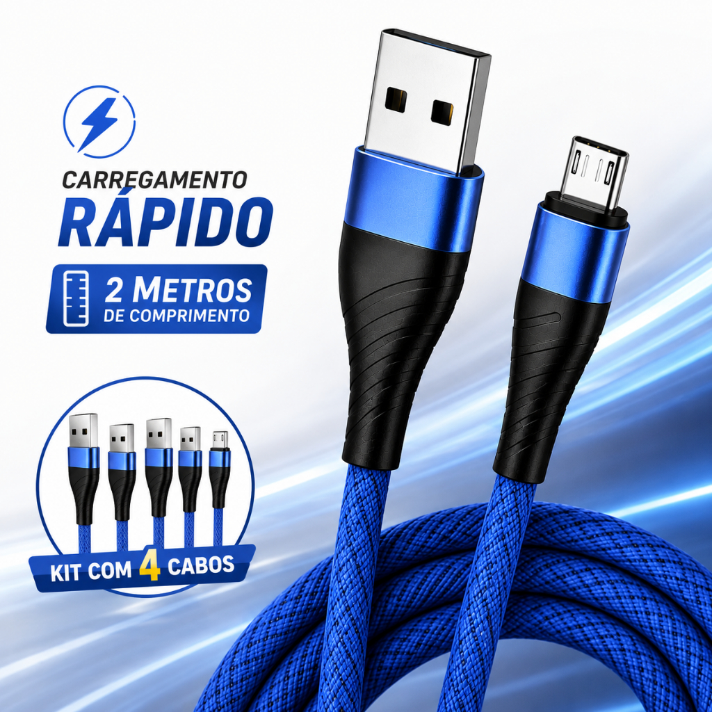 Kit 4 Cabos V8 Micro USB 2 Metros Nylon Turbo 3.4A Android Inova