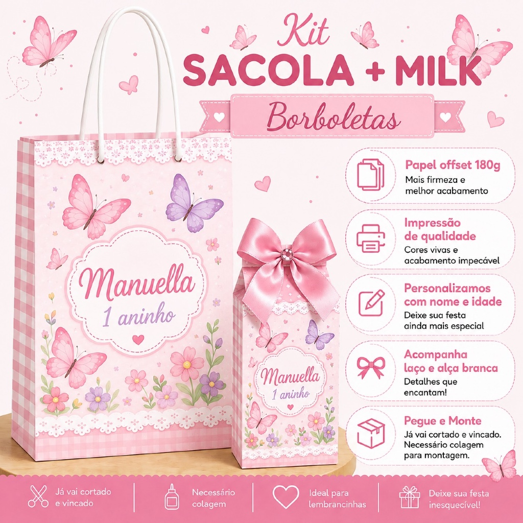 KIT LEMBRANCINHA SACOLA + CAIXINHA MILK JARDIM DAS BORBOLETAS PERSONALIZADO