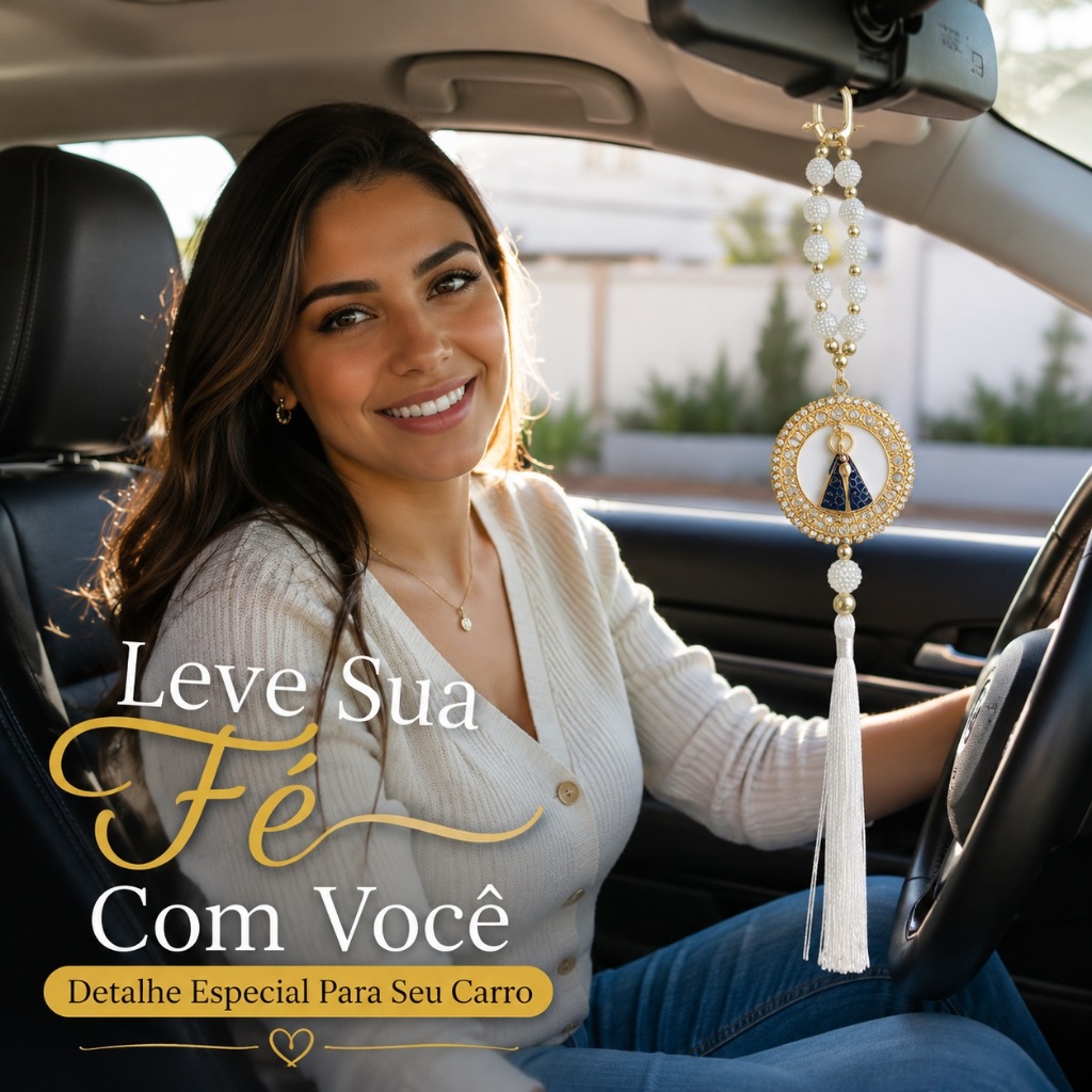 Pingente Religioso Nossa Senhora Aparecida Para Retrovisor Com Tassel Branco E Pérolas