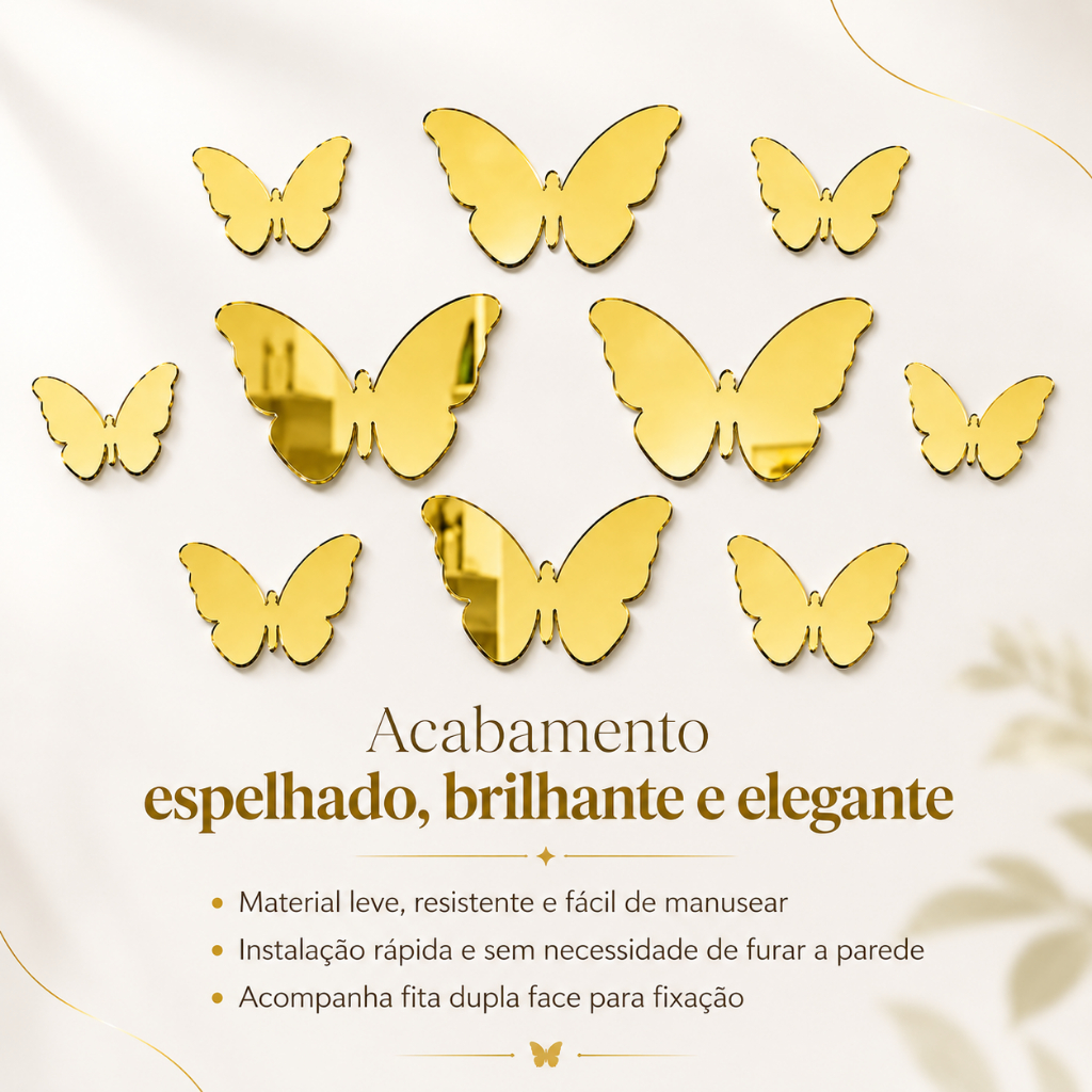 Kit Apliques Tags Borboleta 5cm Artesanato Lembrancinhas Acrílico Espelhado Decoração Quarto Sala Festa Adesivo Luxo