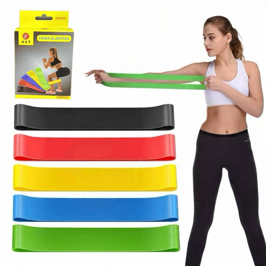 Kit 5 Faixas Elásticas de Exercícios Mini Band Academia Pilates Yoga Treino Funcional Musculação 8525