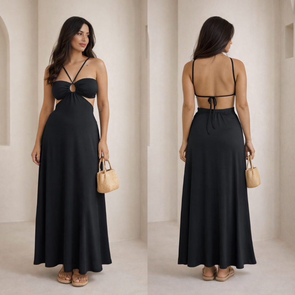 Vestido Longo Soltinho Estampado Amarração Alcinha Costas Nua Suplex Tendência Verão Forrado