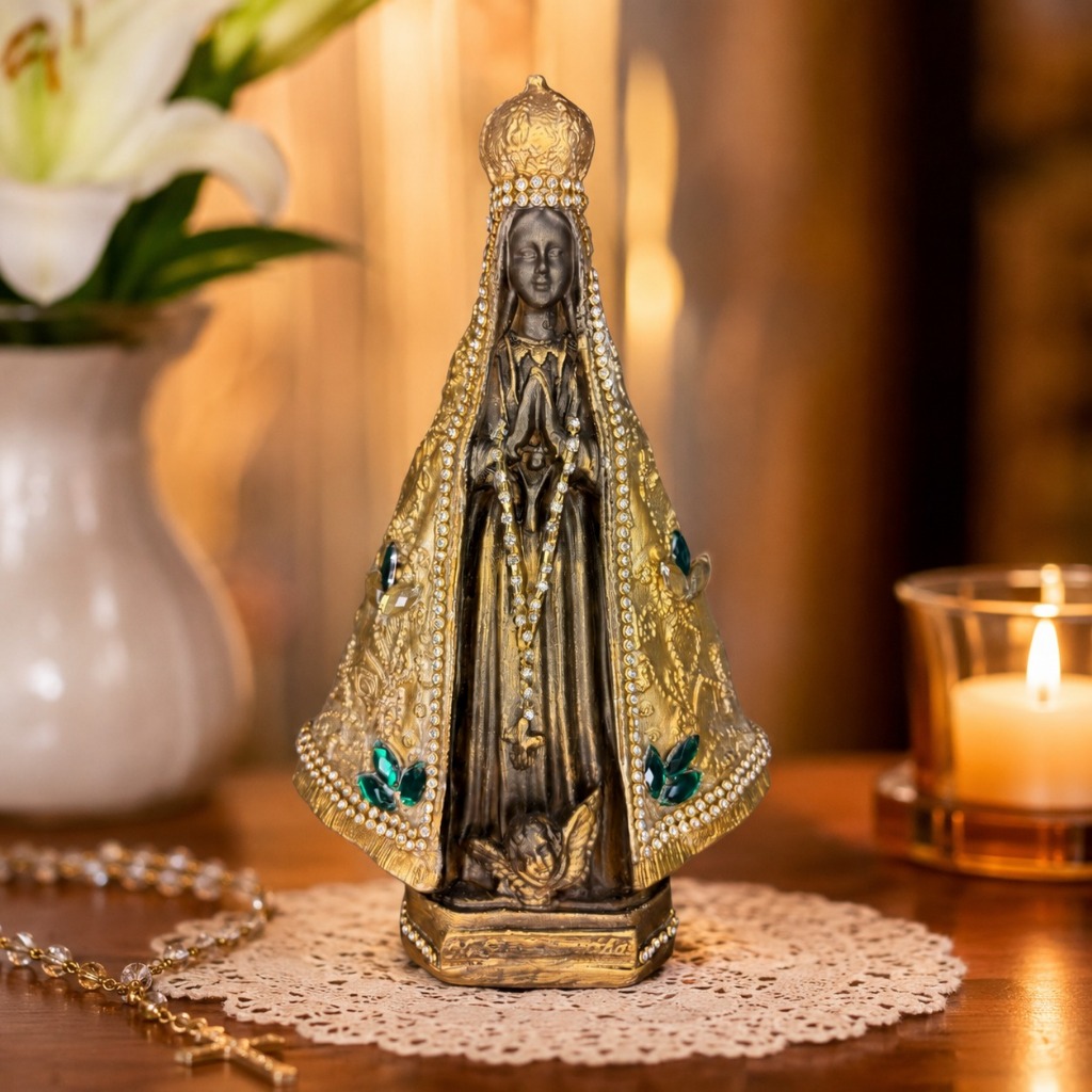 Imagem Nossa Senhora Aparecida 25cm Manto Dourada Marrom Pedrarias Strass Metalizada