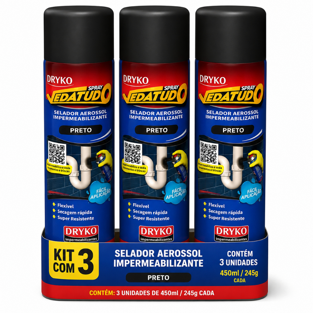 Kit 3 Spray Emborrachado Dryko Vedatudo Preto 400ml Impermeabilizante Veda Goteiras Proteção Contra Umidade