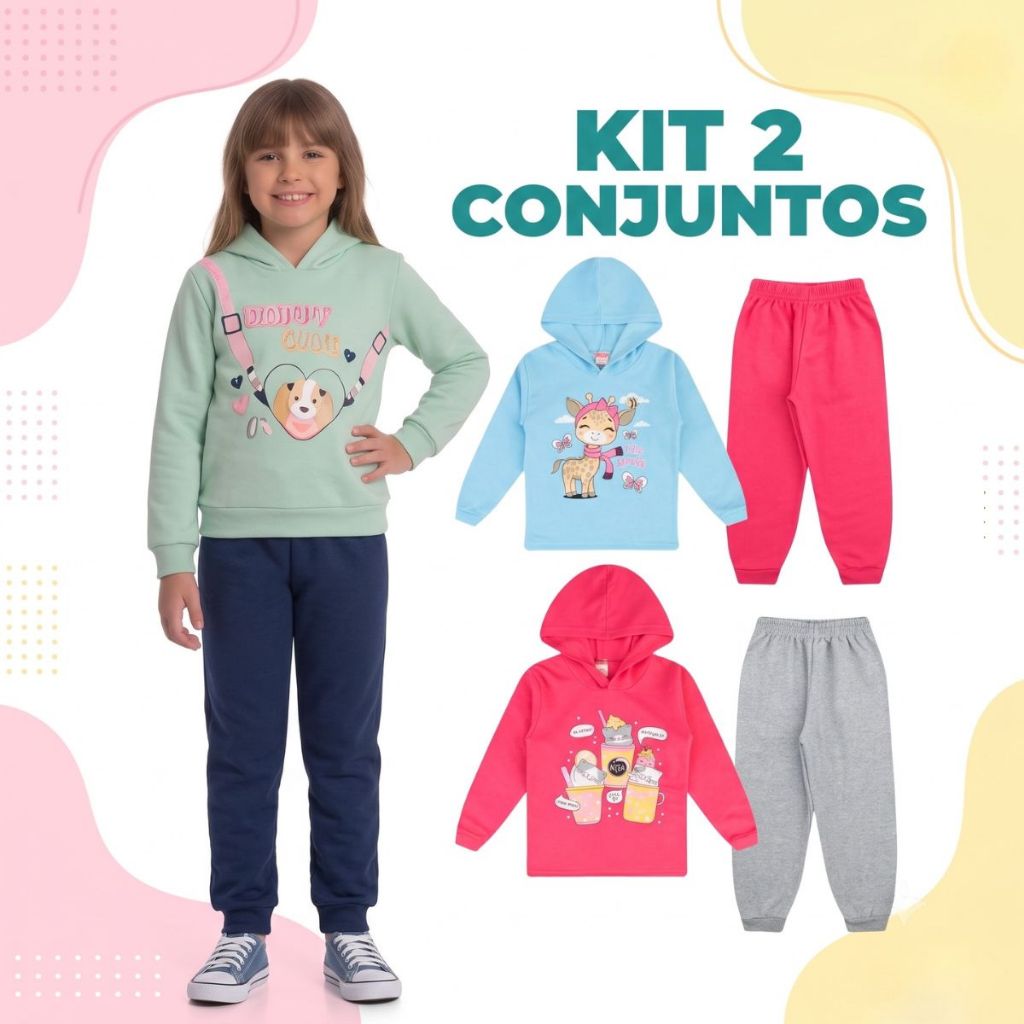 Kit 2 Conjuntos Moletom Blusa e Calça Infantil Menina Inverno Roupa de Frio Feminina 4 Peças