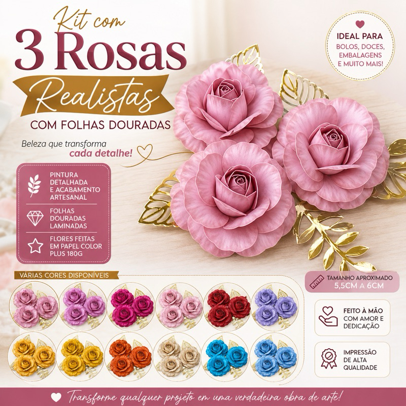 Trio de Flor de Papel Realista Rosas com Folhagem Dourada/Flores para Bolo/Aplique para Decoração de Bolo/kit 3 unidades
