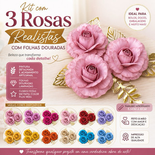 Trio de Flor de Papel Realista Rosas com Folhagem Dourada/Flores para Bolo/Aplique para Decoração de Bolo/kit 3 unidades
