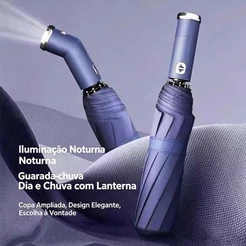 Guarda-Chuva Automático Anti-Vento com Lanterna Proteção UV Blackout Compacto para Bolsa e Mochila