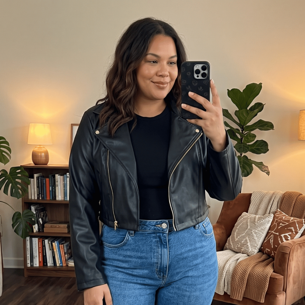 Jaqueta Preta Feminina Couro Sintético Leve Linha Inverno Courino Plus Size G1 ao G3 Tamanho Grande Casual