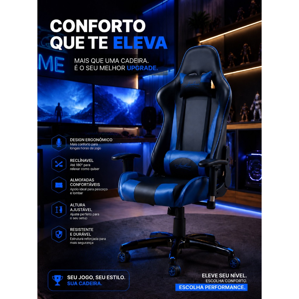 Cadeira Gamer Azul e Preta Giratória com Regulagem de Encosto e Braços - Panther