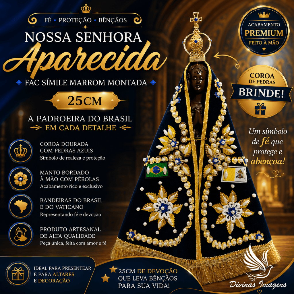 Imagem Nossa Senhora Aparecida Fac-Símile Montada Marrom 25cm Gesso Premium Pintado