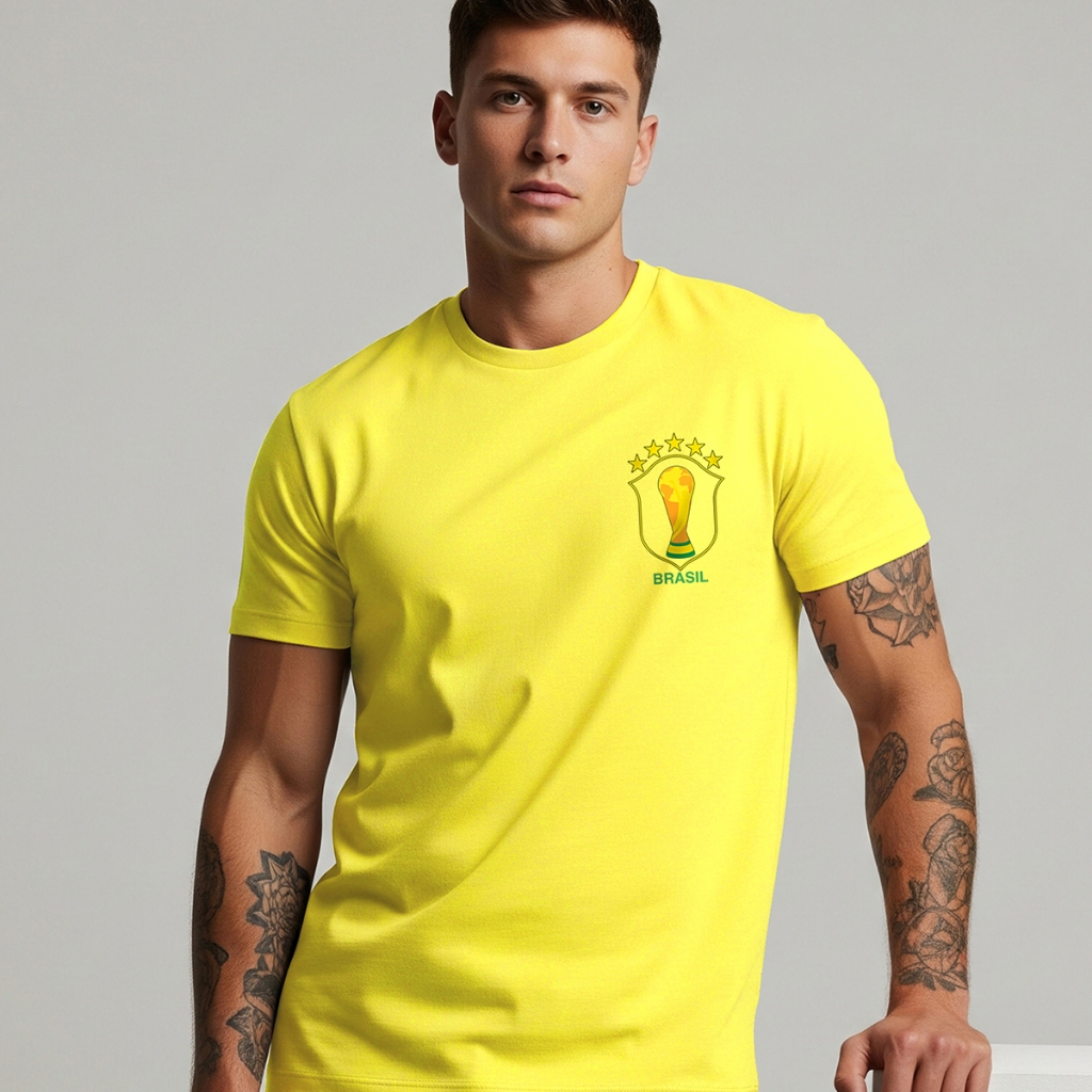 Camiseta Masculina Seleção Brasileira Escudo Copa Algodão