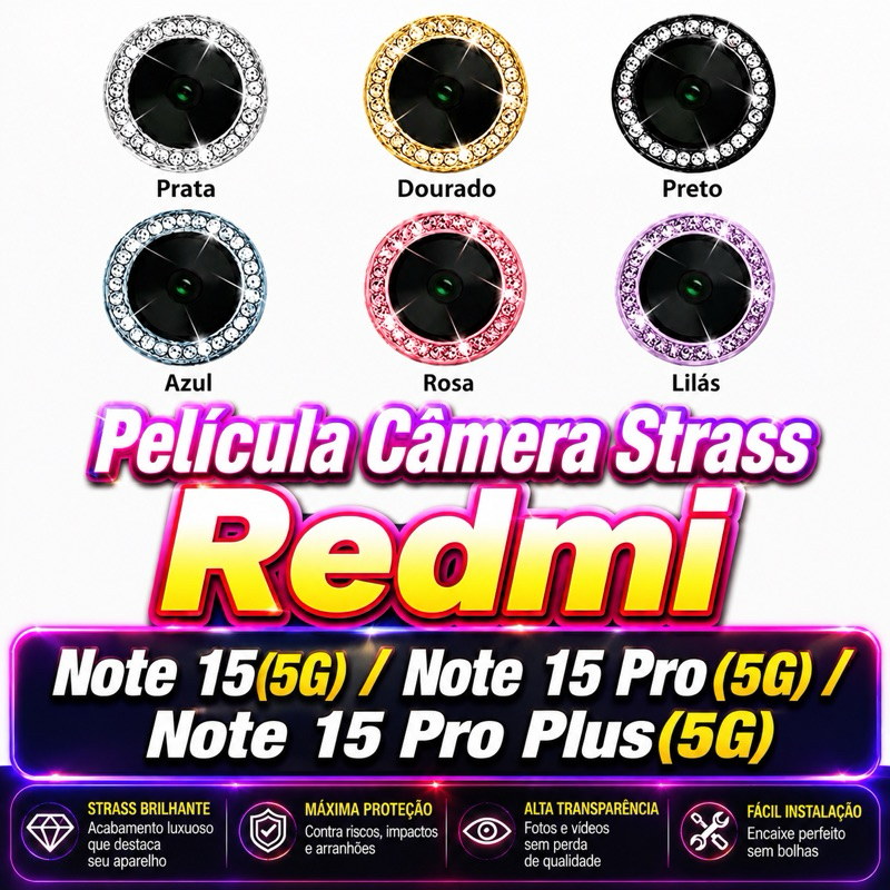 (Kit 4 Peças )Película de Câmera Strass Diamante para Redmi Note 15(5G)/Note 15 Pro(5G))/Note 15 Pro Plus(5G) Anti-Risco — imagem 2 de 2