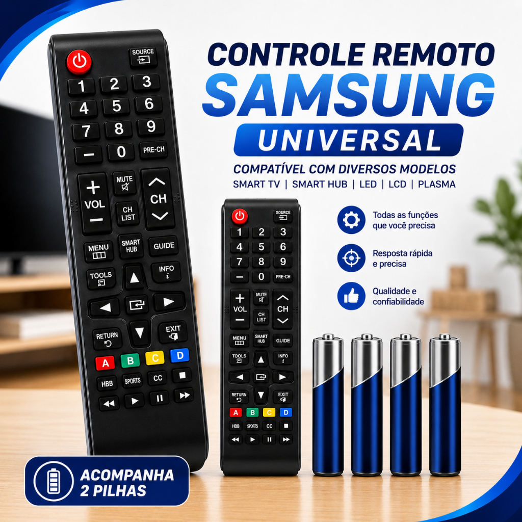 Controle Remoto Universal Compatível com TV Samsung Smart TV  LED LCD Plasma Tecla  Smart Hub+ 2 Pilhas Inclusas