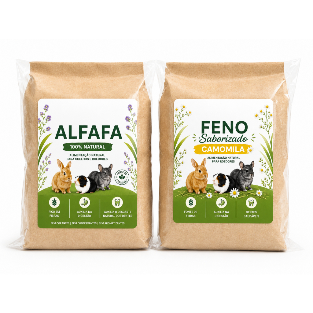 Kit Degustação Premium Feno Sabor Camomila Mais Alfafa Para Coelhos Porquinhos Da India Chinchilas e Roedores