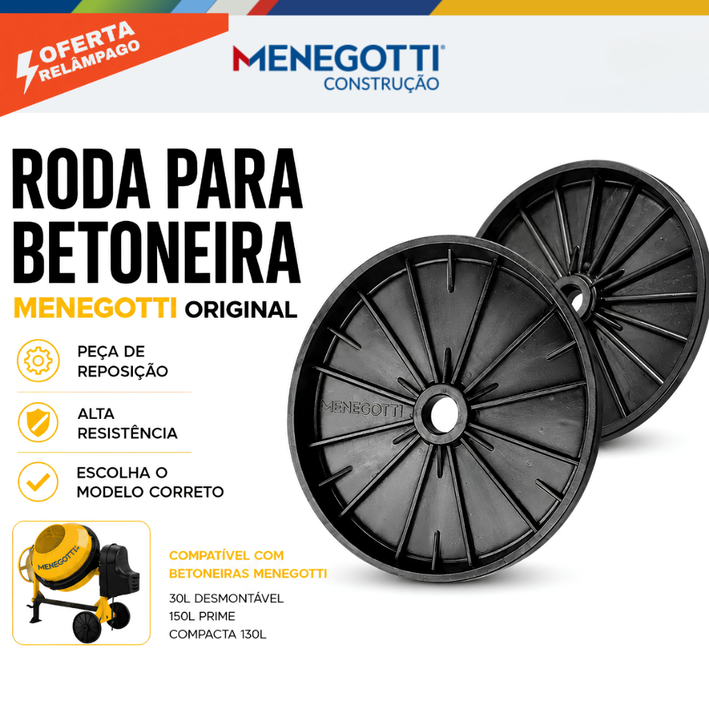Roda Plástica Betoneira Menegotti 150L 250L 400L Prime Original Reposição Polipropileno Cor Preta