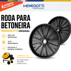 Roda Plástica Betoneira Menegotti 150L 250L 400L Prime Original Reposição Polipropileno Cor Preta
