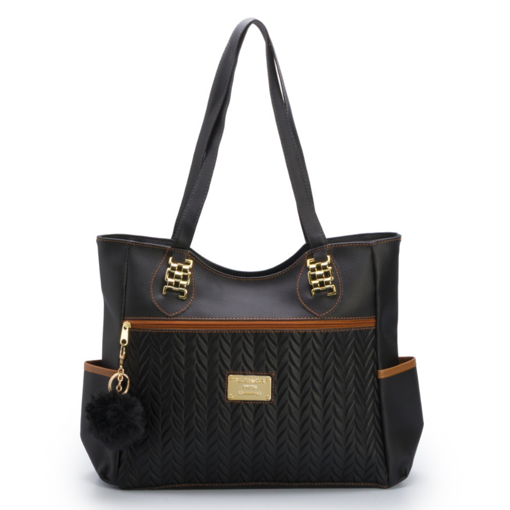 Bolsa Feminina Sacola Grande de Ombro em Couro com Espaço Amplo + Chaveiro Pompom