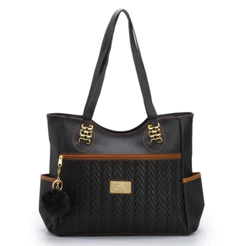 Bolsa Feminina Sacola Grande de Ombro em Couro com Espaço Amplo + Chaveiro Pompom