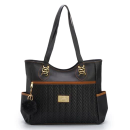 Bolsa Feminina Sacola Grande de Ombro em Couro com Espaço Amplo + Chaveiro Pompom