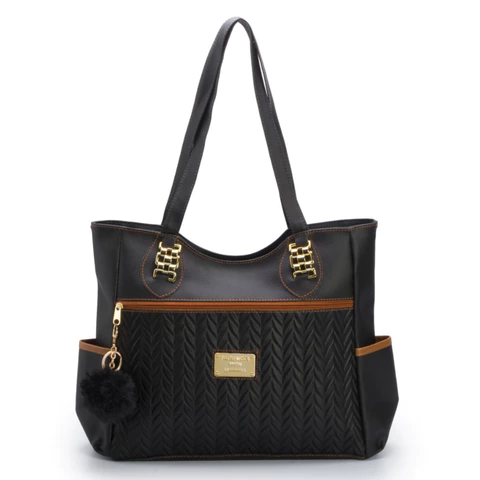 Bolsa Feminina Sacola Grande de Ombro em Couro com Espaço Amplo + Chaveiro Pompom