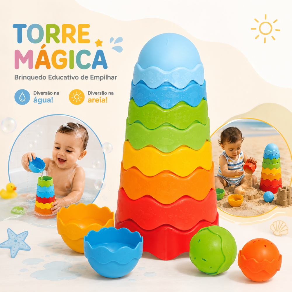 Torre de Empilhar e Encaixar – Brinquedo Educativo Bebê +5 Meses Mercotoys