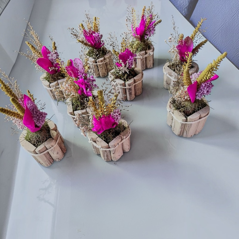 Mini Arranjo 13cm Decorativo Cachepô de Madeira Flores Desidratadas Artesanal Decoração Boho / Rústica